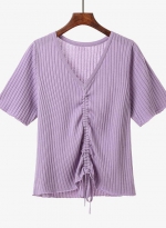 大码V领抽绳针织衫T恤 紫色 